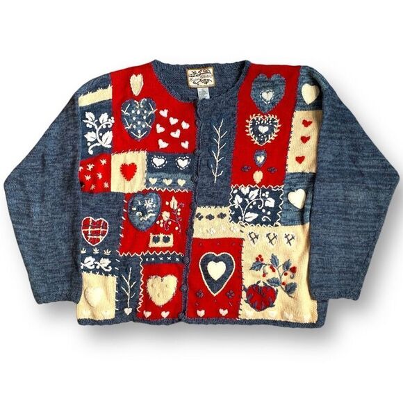 Vintage 90s Red Navy Blue Cardigan Round Neck Heart Floral Bright Pattern Knit - Picture 12 of 12